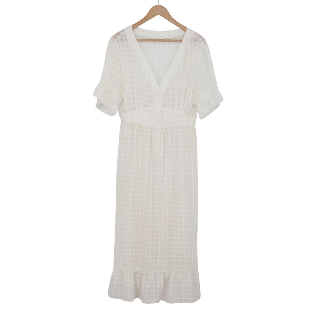 Cupshe Dress Womens M Midi White Grid Sheer V-Neck Ruffle Button-Down Excellent